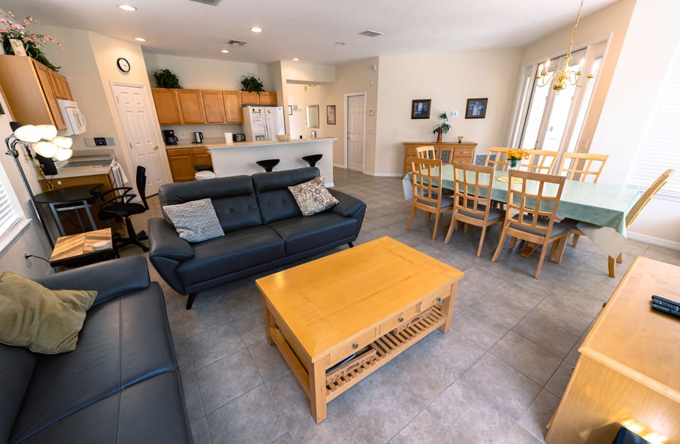 Living area, dining area & kitchen.