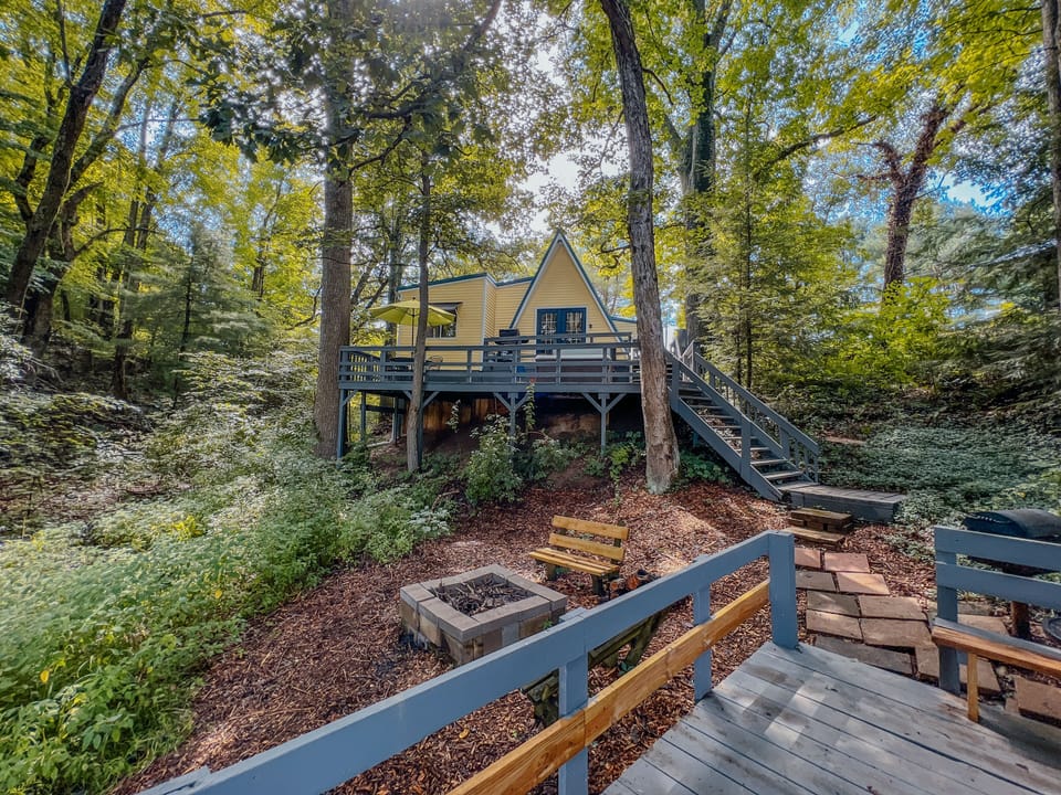 View of the back of the cabin from the lowest level deck. 