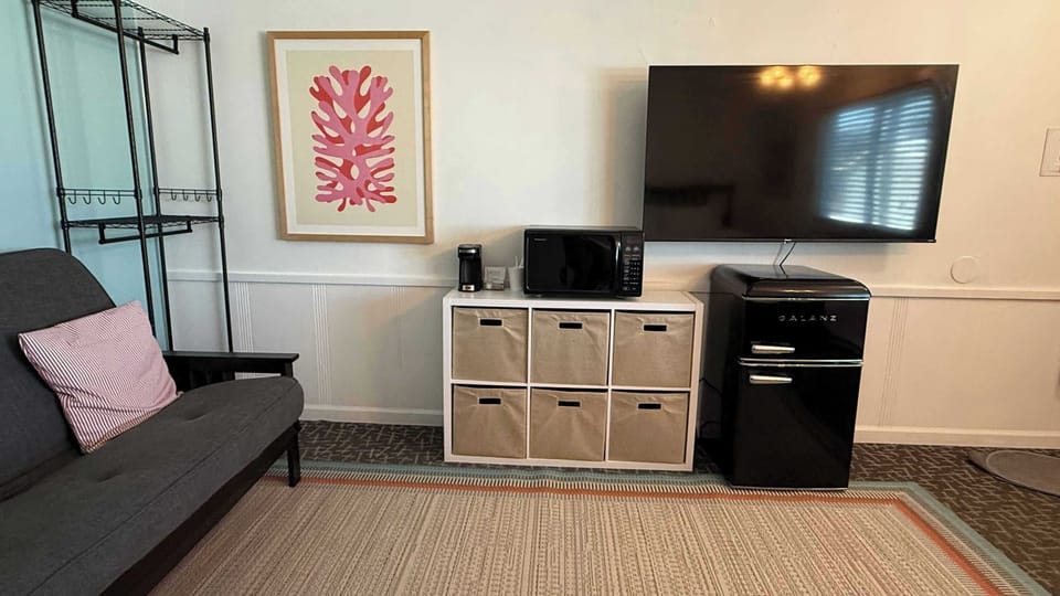 Smart TV, mini-fridge, microwave and storage