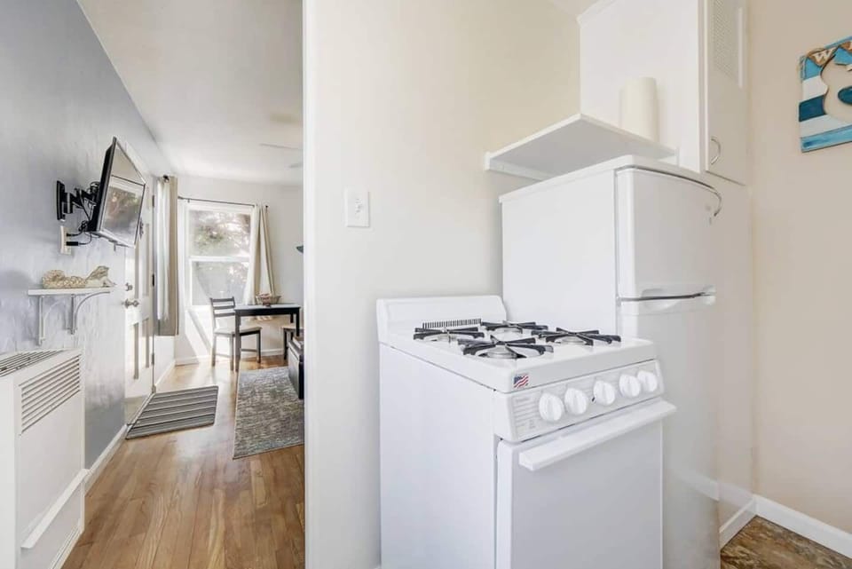 Fridge and stove. 