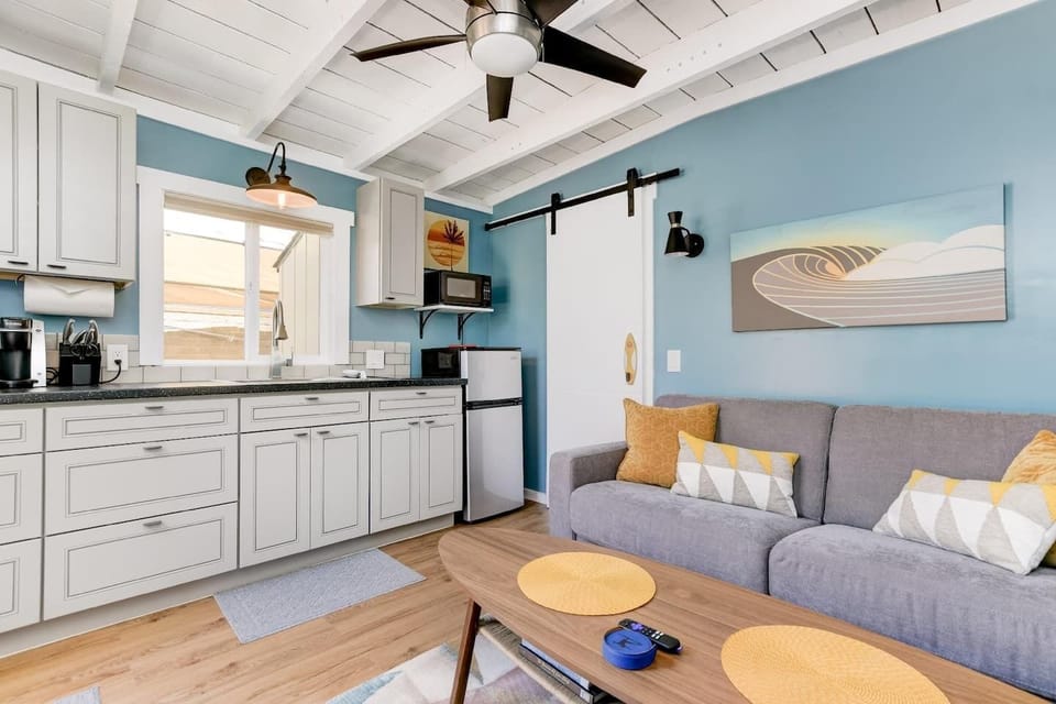 Slider barn door separates the living area and the bedroom.