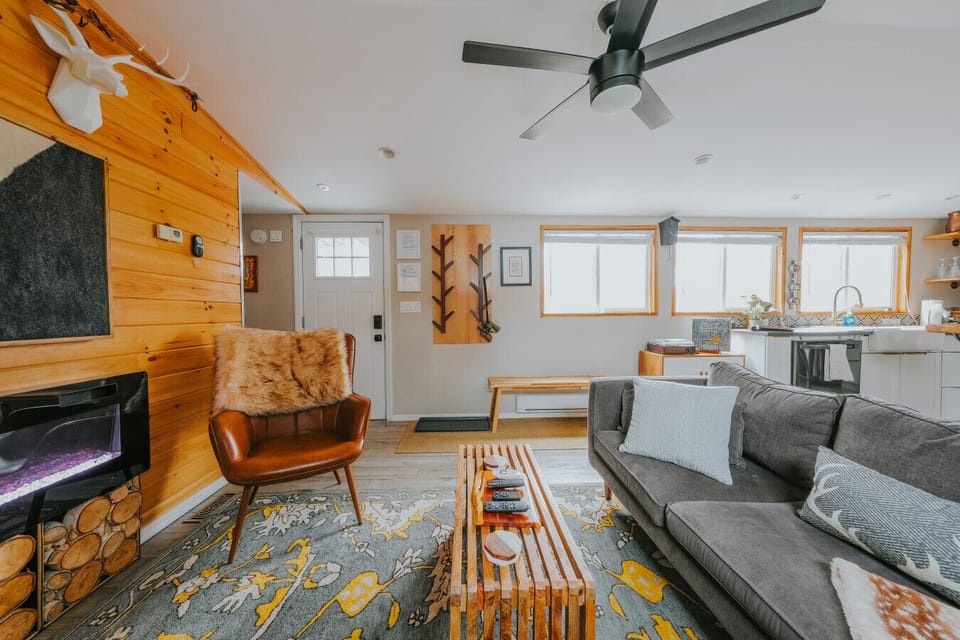 Living area with electric fireplace, TV for streaming