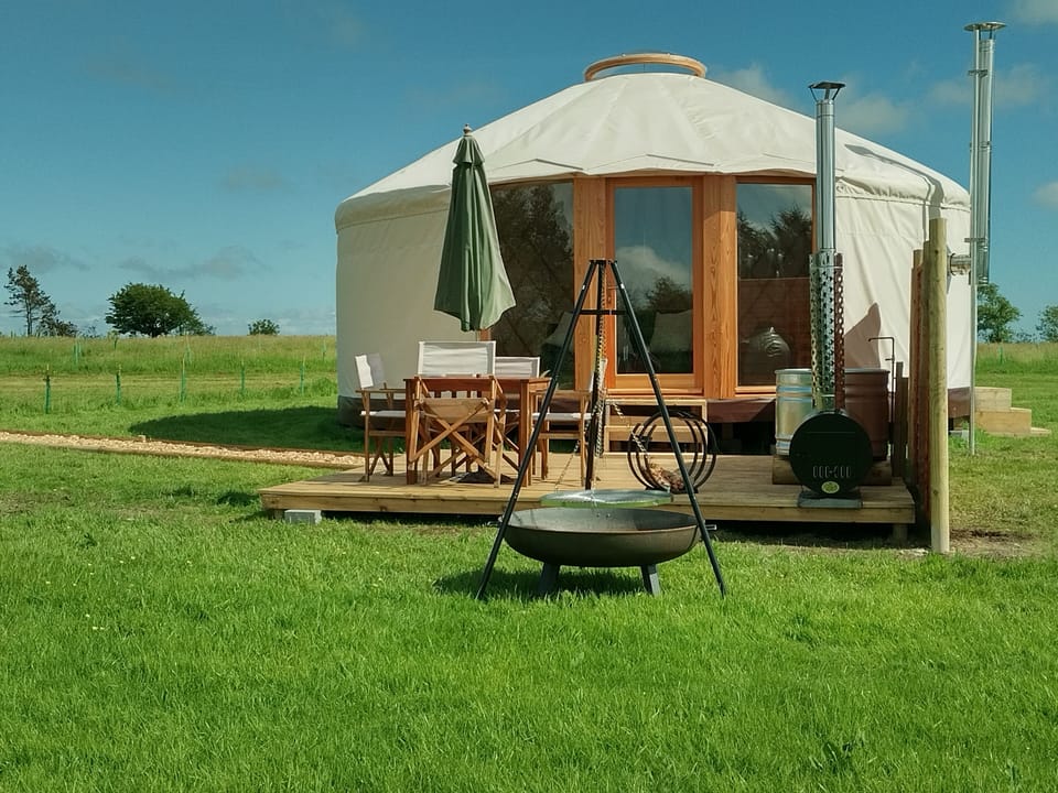 Luxury yurt, decking, outside seating, fire pit and hot tub