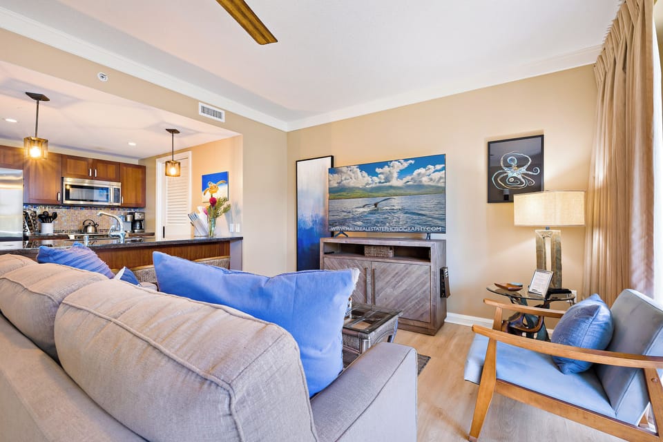 LIVING ROOM WITH KITCHEN VIEW