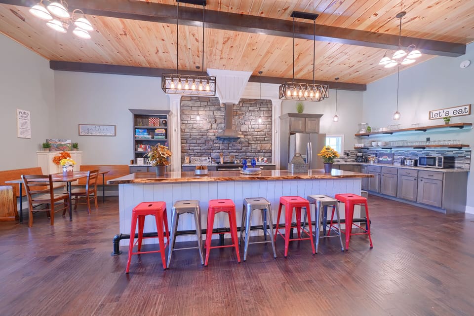 Live-Edge Walnut Bar, with Breakfast Nook to left and Full Kitchen ahead and right