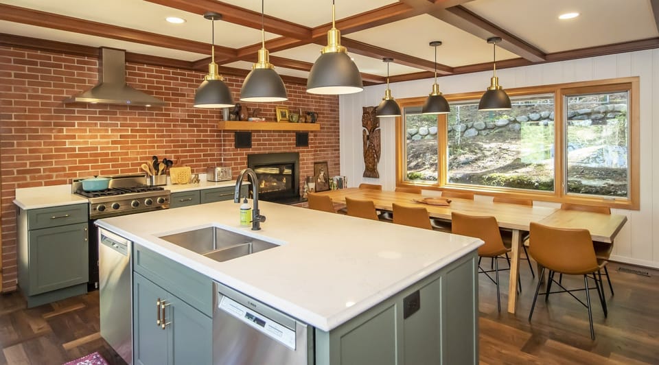 Chef's kitchen with 7-foot island and two dishwashers.