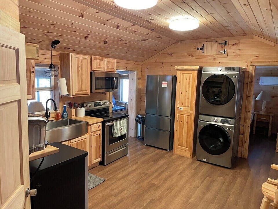 Kitchen, fridge, microwave, dish washer, sink, dryer, coffee