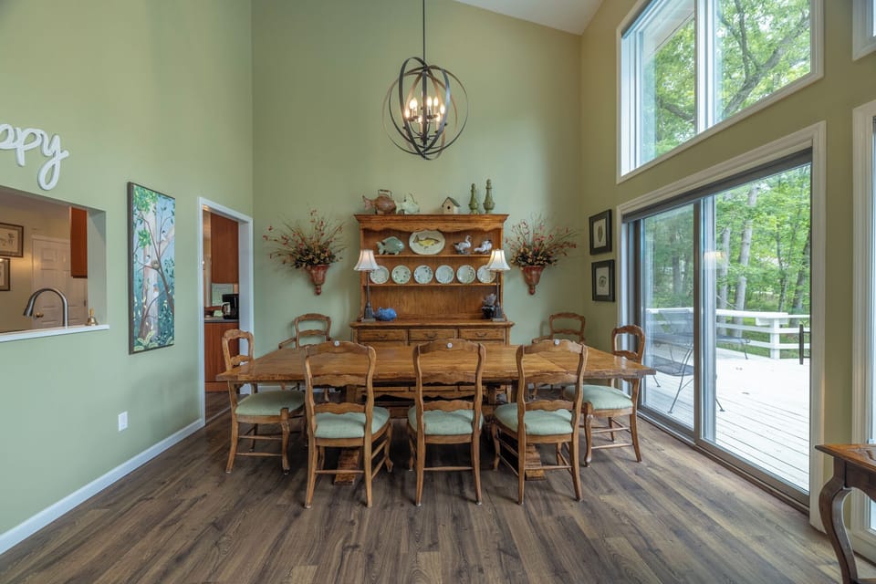 Enjoy family style meals at the dining table overlooking the water