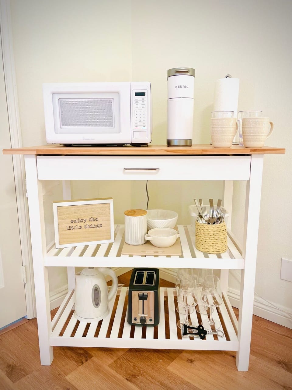 Kitchenette to include microwave, Keurig, hot water kettle, toaster and utensils