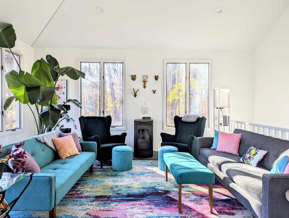 Sun-filled living room w/pellet fire