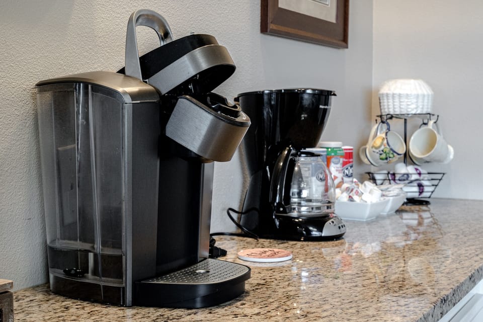 Keurig and drip coffee pots with coffee and tea to get you started.