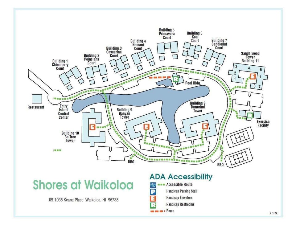 A clear site map shows Shores at Waikoloa's building layout with accessible routes, parking, elevators, and amenities, helping you navigate the resort with ease.