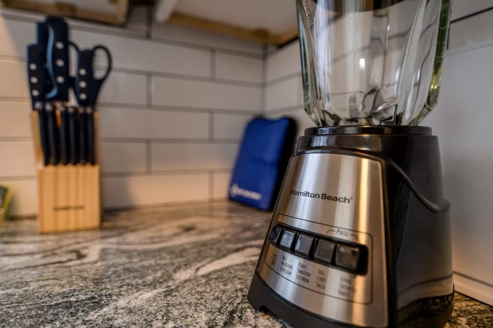 "Blend up your favorite drinks and meals with our high-quality blender, and chop with ease using the sharp knives provided in the kitchen.