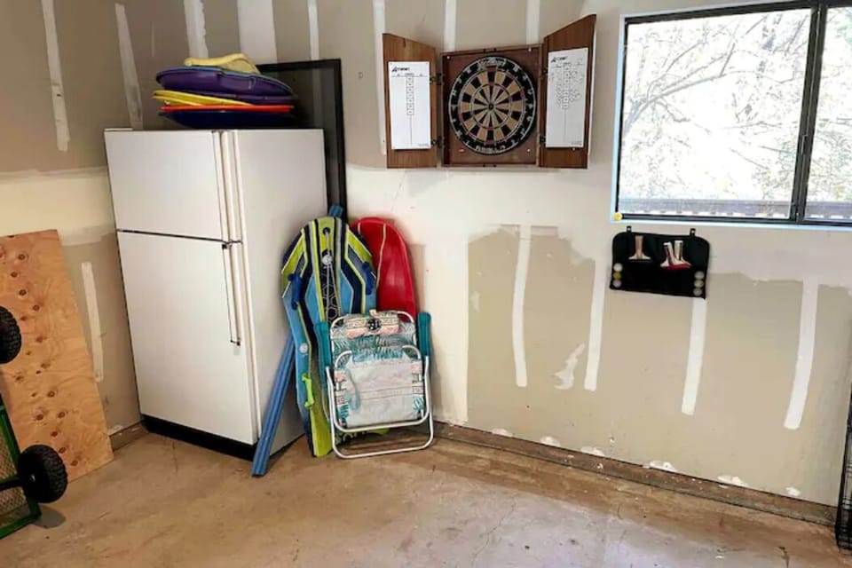 Outdoor play items and our darts setup.