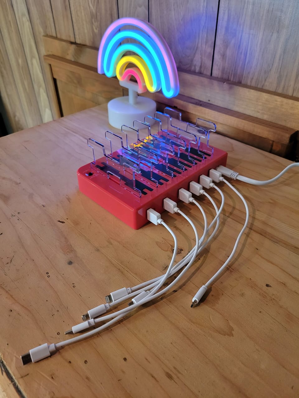 Charging station with Type C, Apple and micro USB cords for Android and Apple 