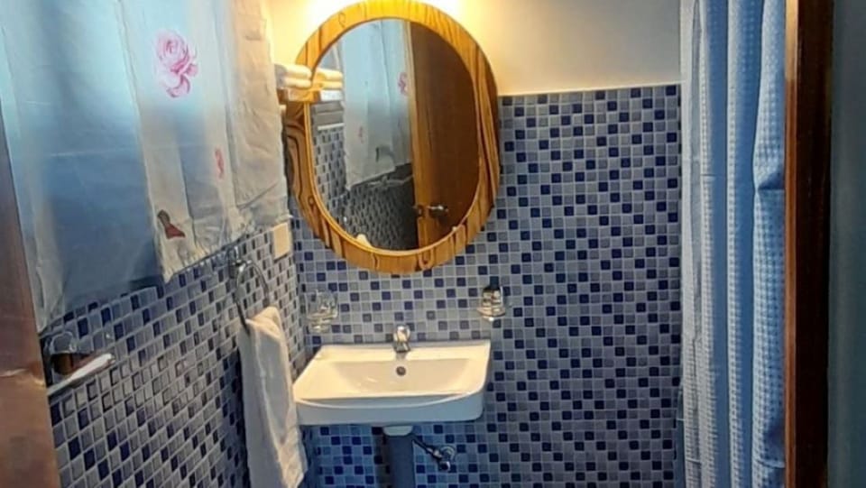 Bathroom sink, mirror, and shower entry.