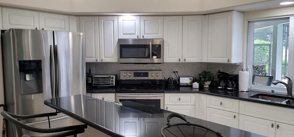 Stainless steel appliances and black granite counters