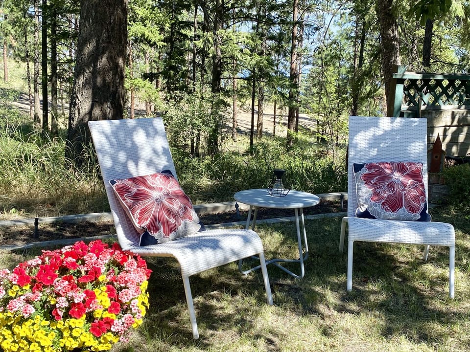 Tranquil outdoor sitting area overlooking the forest with lake glimpses.