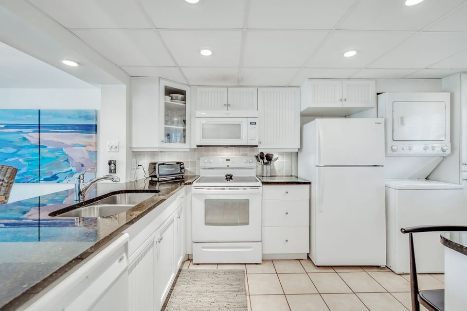 Fully stocked kitchen.