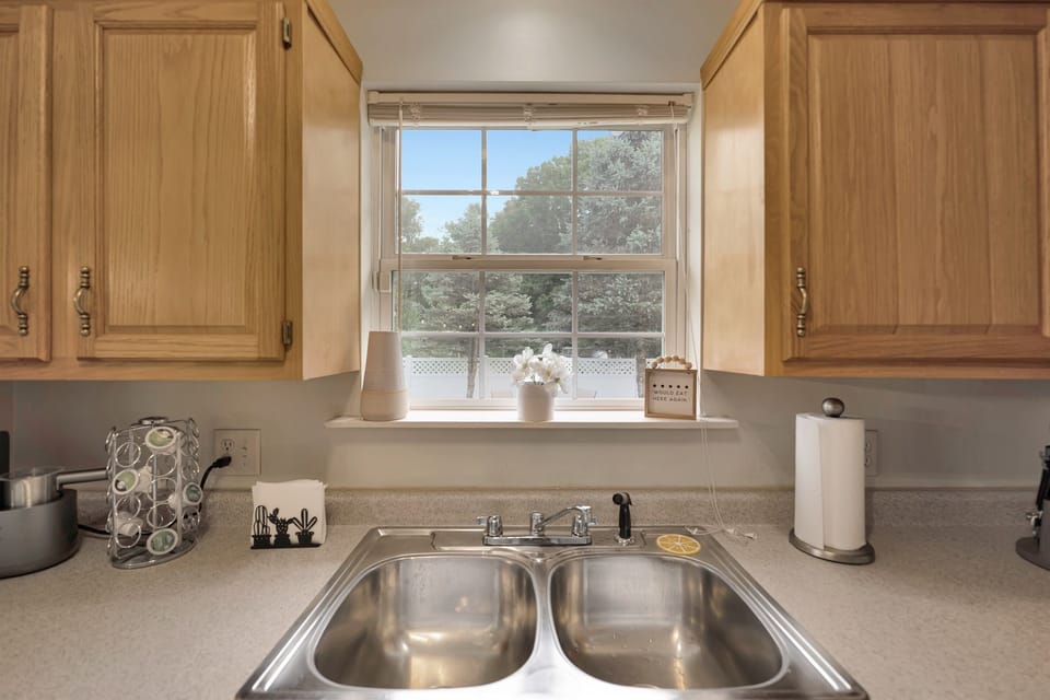 Double kitchen sinks and a view out the window make prep work and cleanup easier.