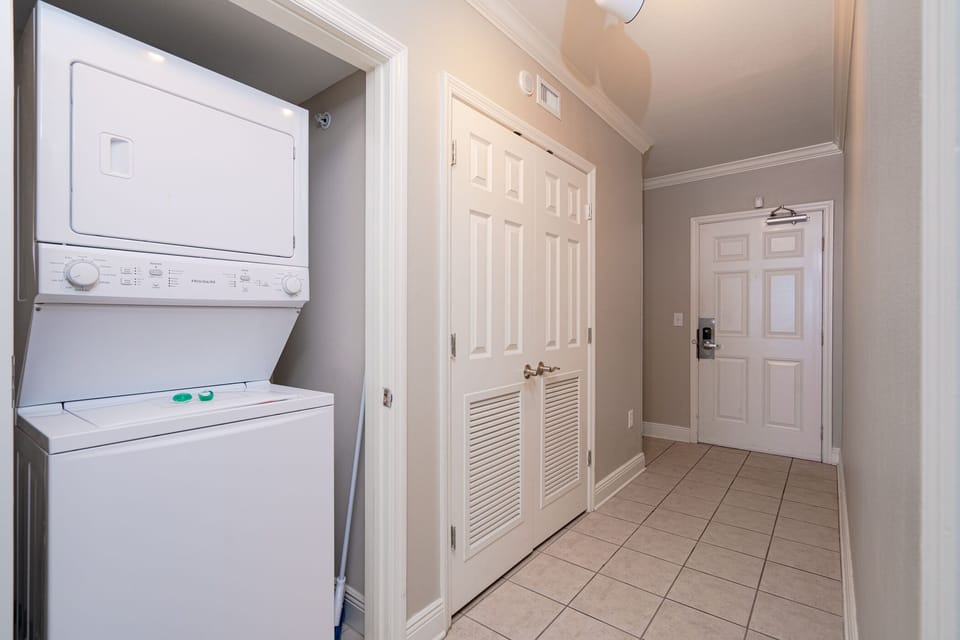 Washer & Dryer in the unit. 8 Beach towels along with regular towels provided