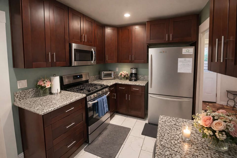 Modern Fully Equipped Kitchen w/ Granite Counters, Stainless Steel Appliances & Ample Storage | Bright, Clean Layout Perfect for Cooking, Coffee & Hosting 🍽️✨