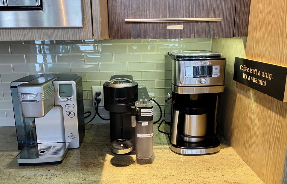 1 single cup, 1 Nespresso machine, one 10 cup drip percolator.