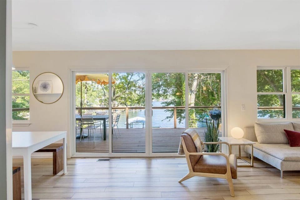 Our open-concept dining room and living room open out to the back deck.