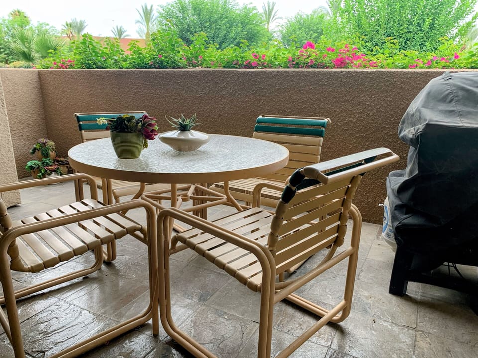 Main southeastern patio accessible from the living room