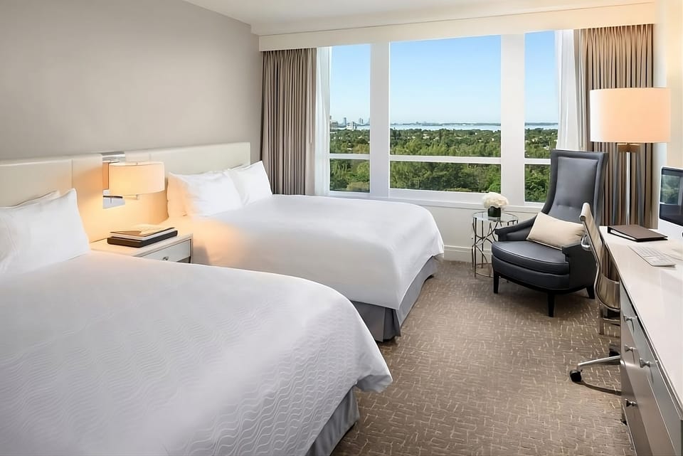 Settle in comfortably with twin beds and warm bedside lighting