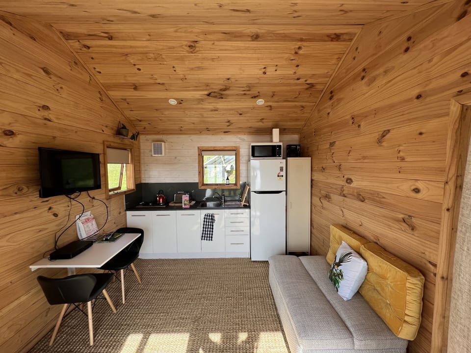 Kitchenette with full fridge and 2 burner gas hob.