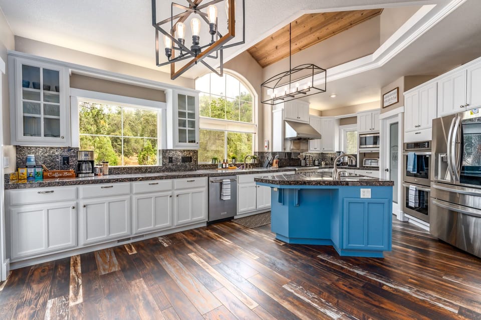 Large kitchen stocked for cooking and baking home cooked meals