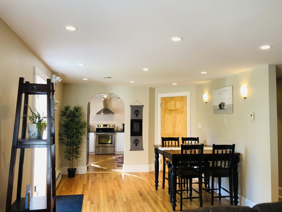 Large dining table with room to dine and work. 