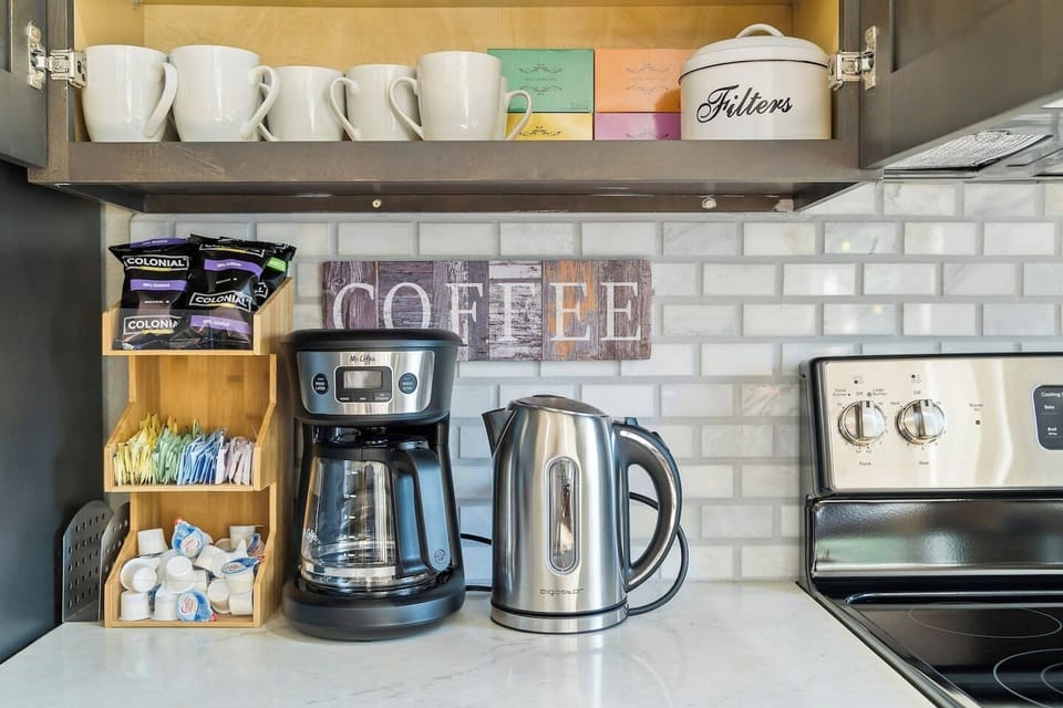 Coffee & Decaf, filters, sugar & sweetners with creamers supplied along with a variety of tea