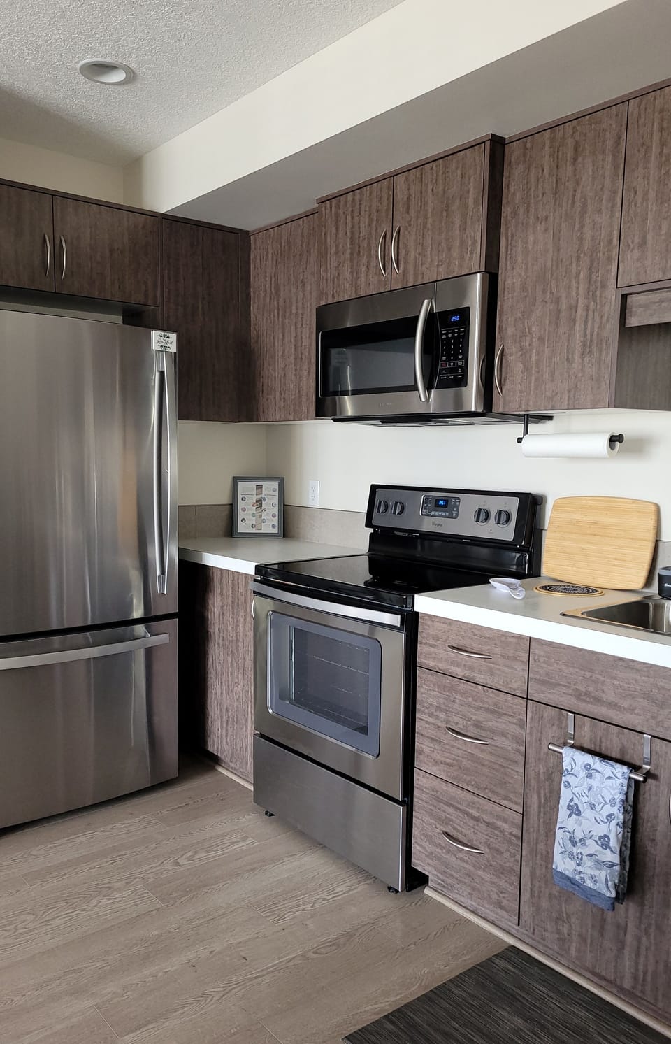 Full kitchen with electric range, fridge, dishwasher and microwave. 