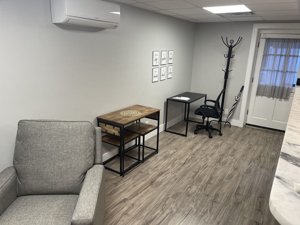 Workspace and small custom dining table. 