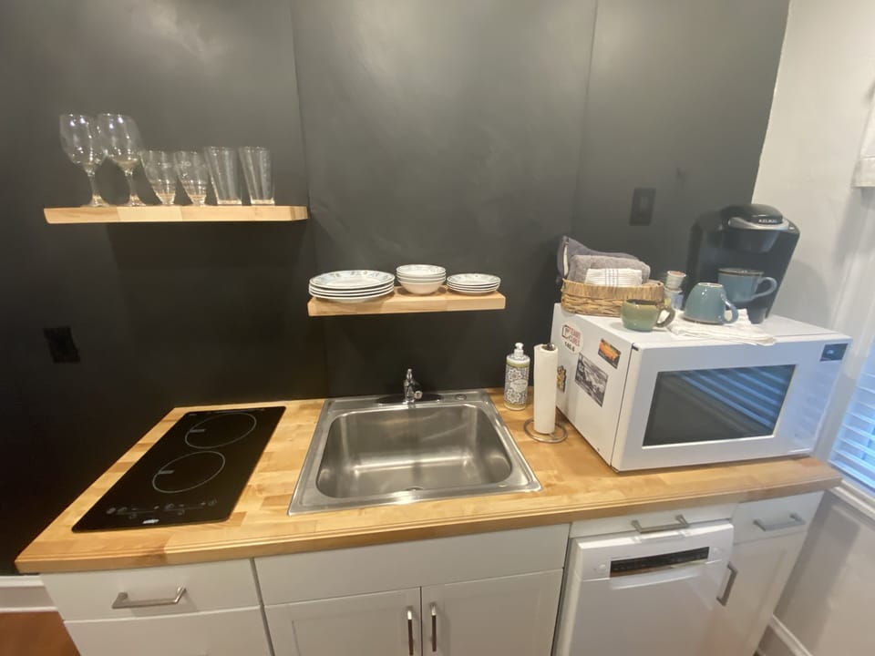 Kitchen stocked to cook and serve. 