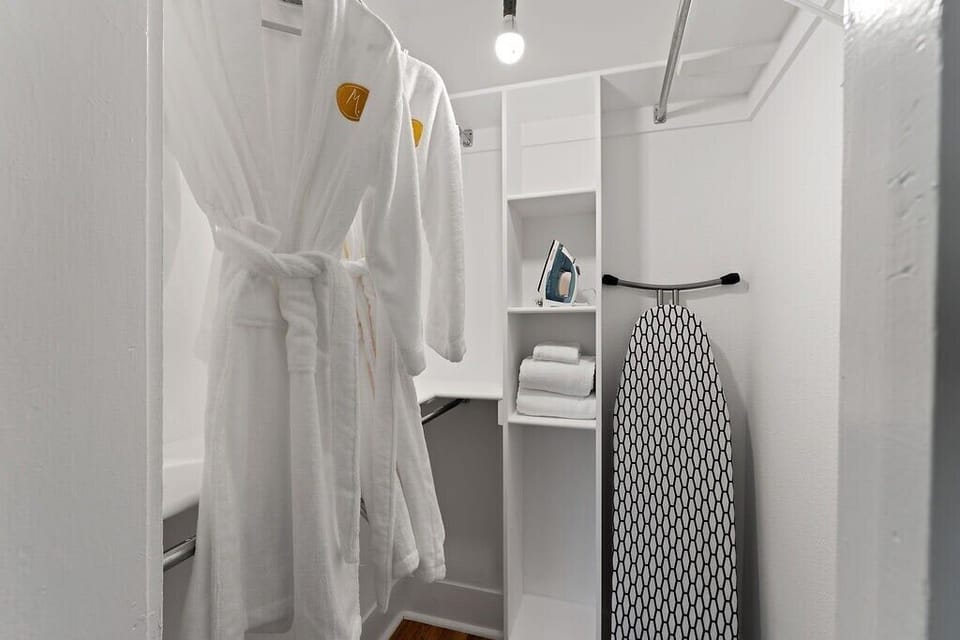 You'll find a closet stocked with towels, and iron, and ironing board and plenty of room for your things. Add the spa package for a robe, slippers, and cucumber water in the fridge.
