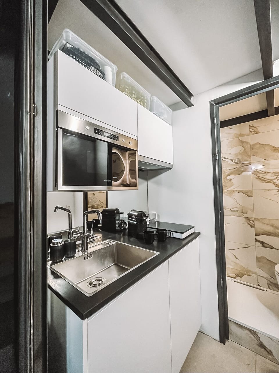 Kitchenette with fridge/freezer and Whirlpool Crisp and Grill Oven/Microwave