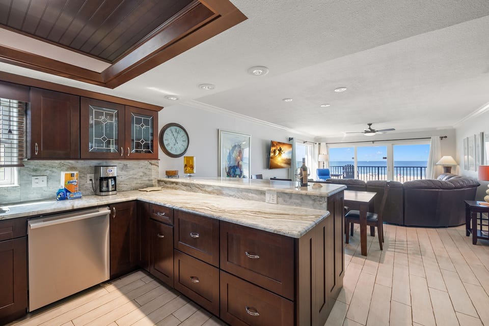 Well-designed and well-stocked custom kitchen ideal for easy meal preparations