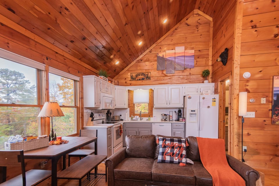 fully stocked kitchen and dining table.