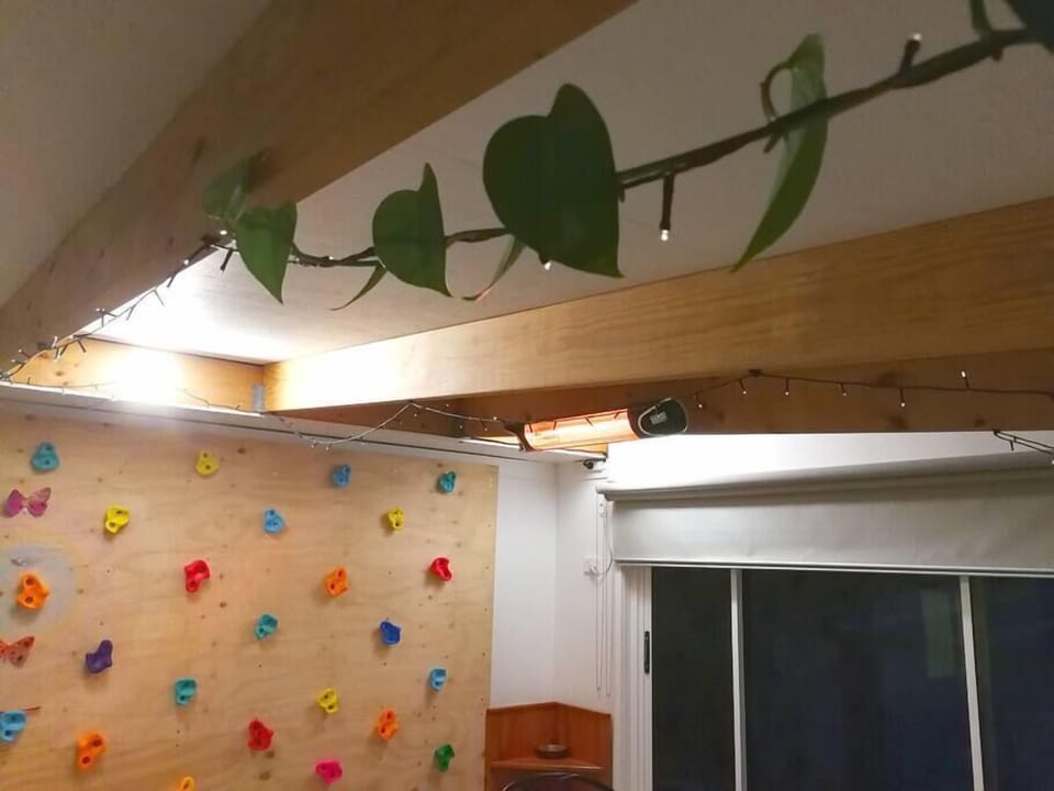 Kids climbing wall in the sunroom.