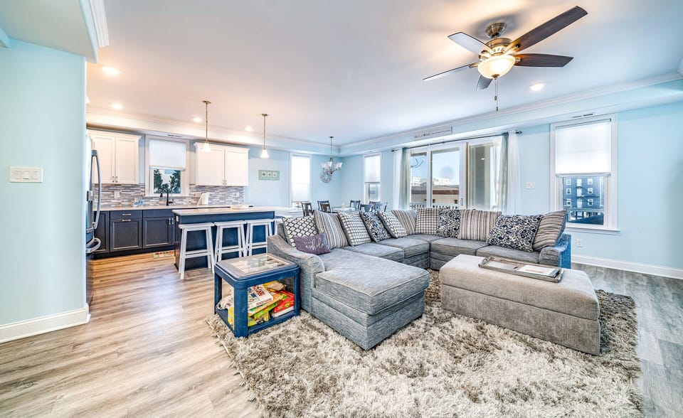 Open-concept living area with cozy sectional seating