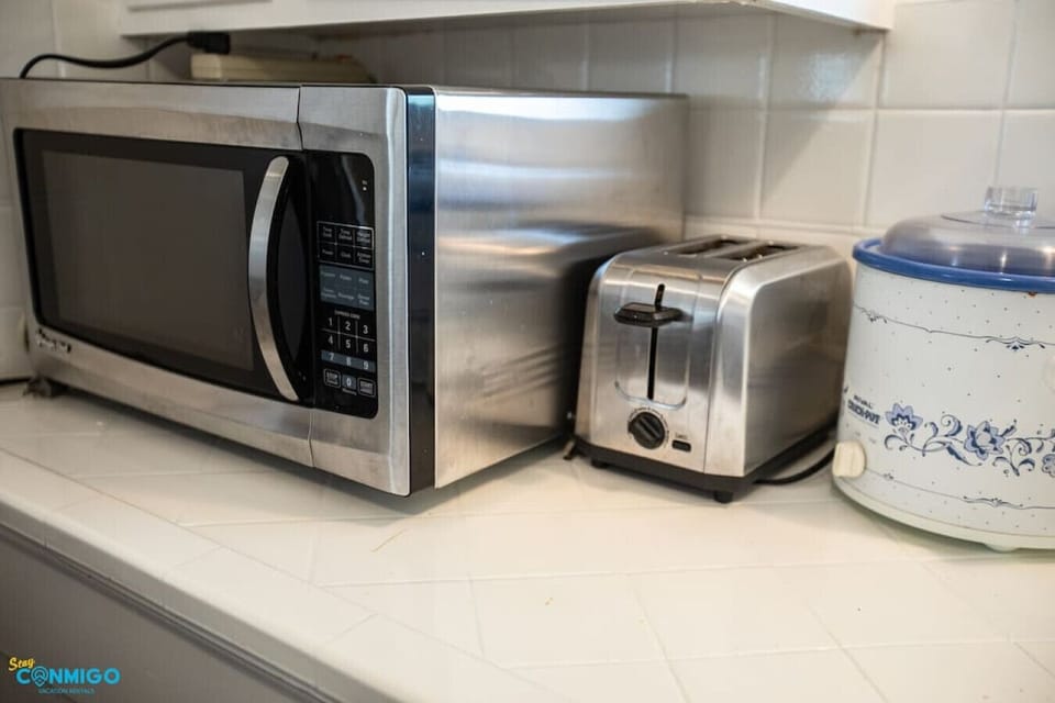 Kitchen counter with microwave and toaster