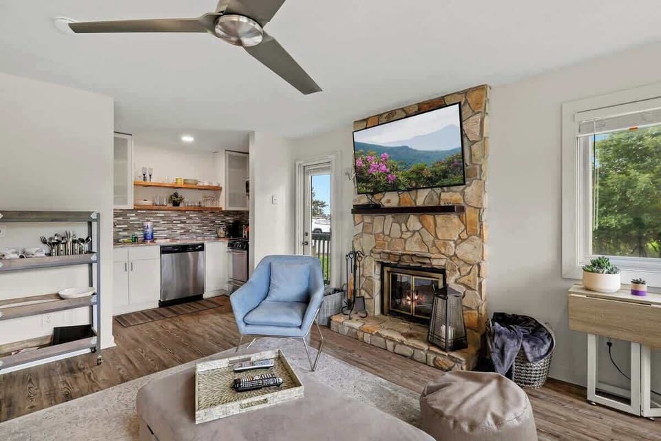 A cozy fireplace to gather around, and a smart TV for movie nights.