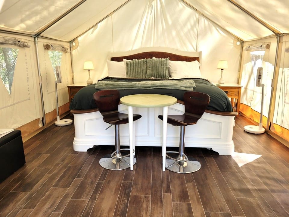 King bed in a spacious heated tent