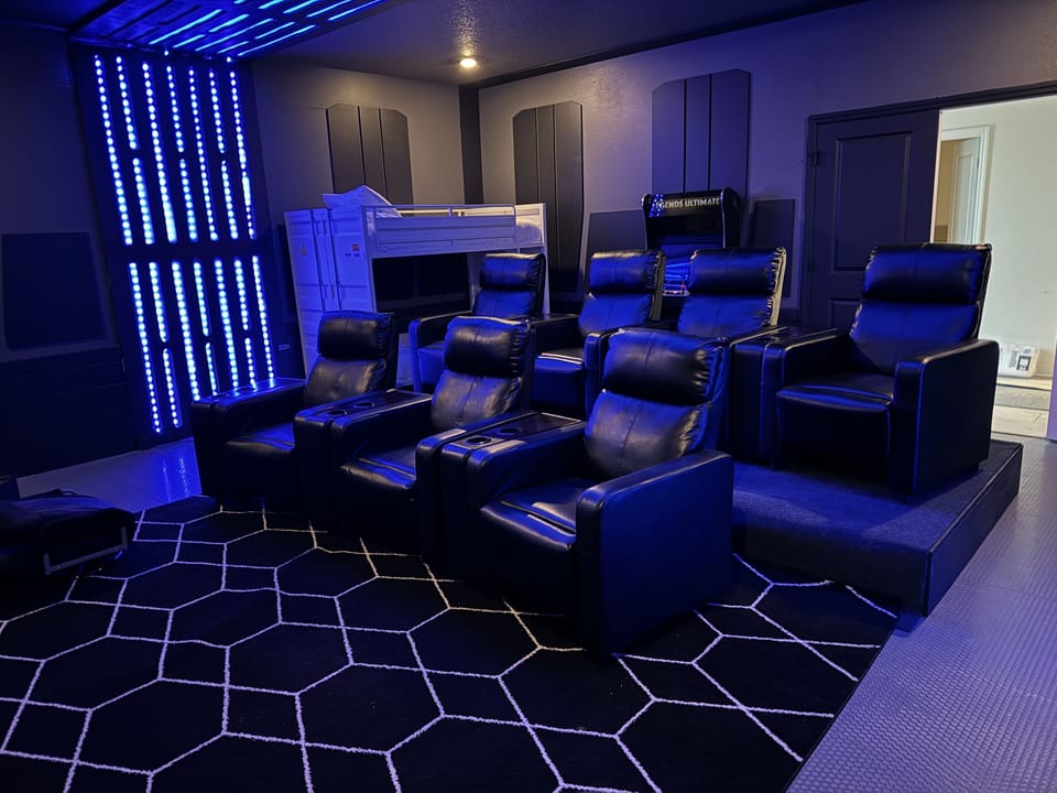 Twin Bunk Bed in Star Wars theater features an 86” HD TV