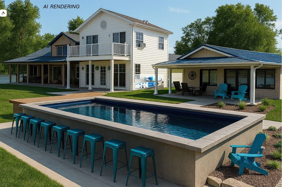 Rendering of pool currently under construction.  Yellow cottage not for rent.