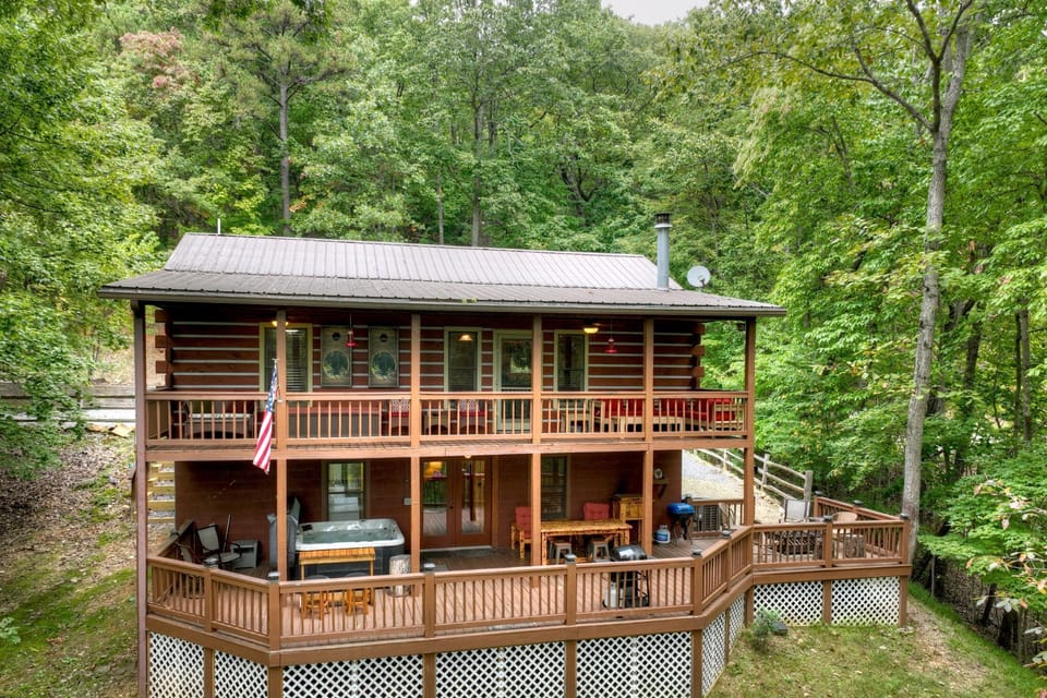 Two-story cabin with wrap-around decks.