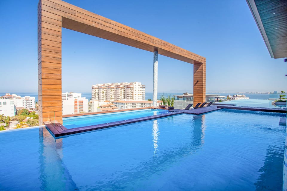 One of the best rooftops, it features a large pool and a hot tub